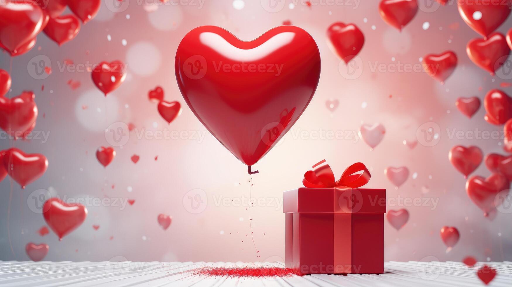 AI generated A 3D-esque rendering of a Valentine's Day scene featuring a metallic balloon in the shape of a heart and a white gift box with a red ribbon, Ai Generated. photo