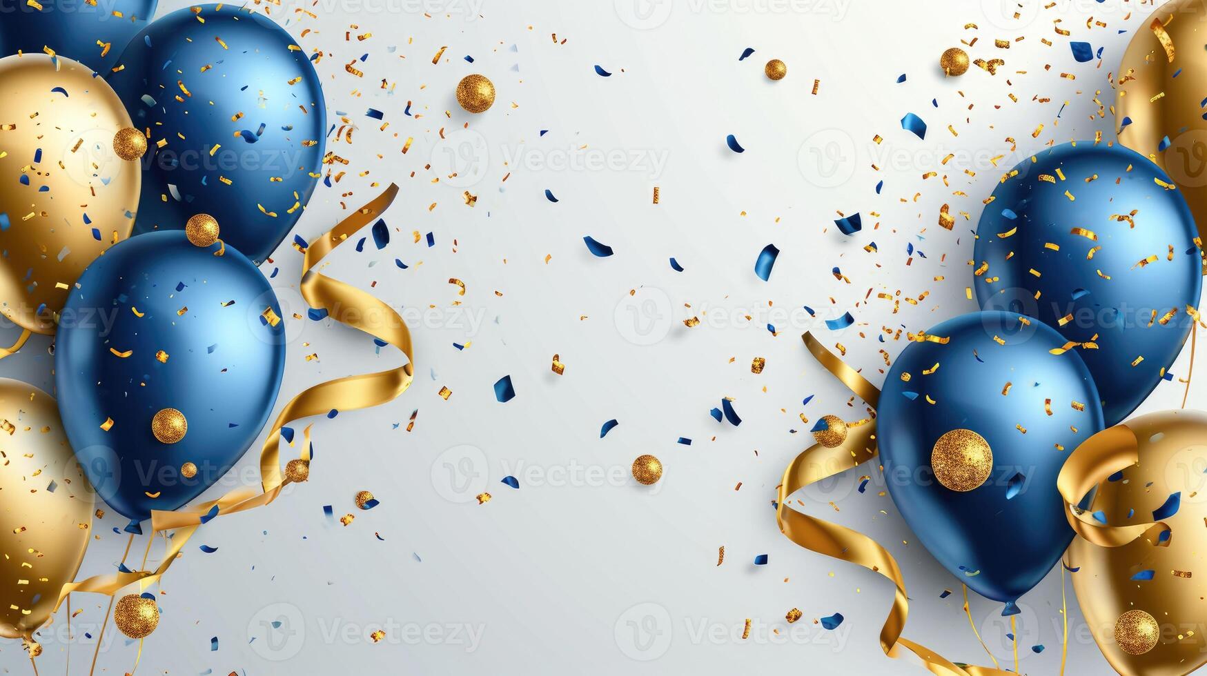 AI generated A festive holiday background featuring golden and blue metallic balloons, confetti, and ribbons, perfect for a birthday party, anniversary, New Year, Christmas, Ai Generated. photo