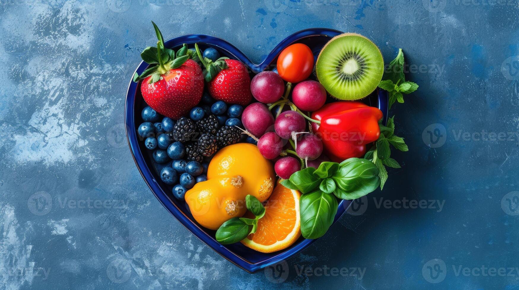 ai generado en forma de corazon plato adornado con frutas y vegetales en un azul fondo, ai generado. foto