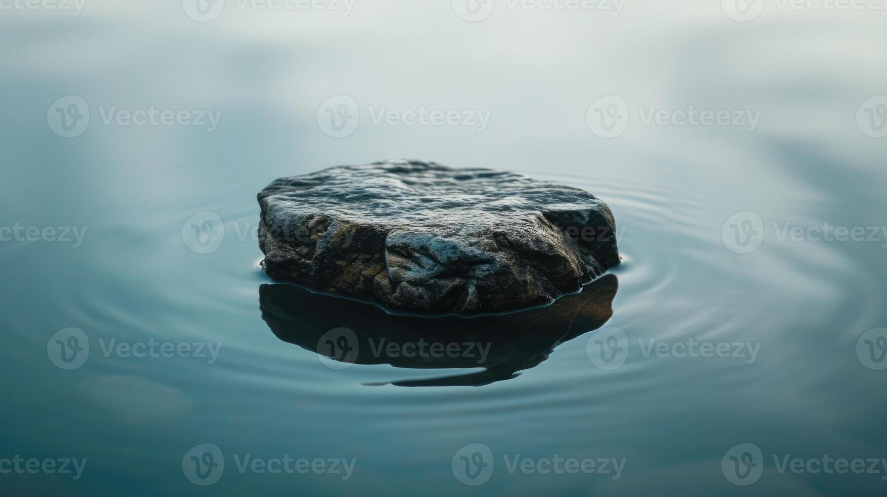 ai generado un solitario rock flotadores tranquilamente encima ondulación agua, sus reflexión reflejando tranquilidad, ai generado foto