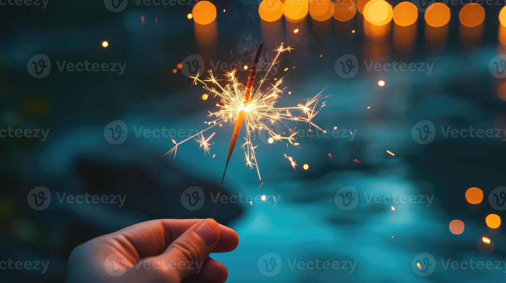 AI generated Hand Holding a Sparkler at a Vibrant Beach Party with Nighttime Firework Spectacle Ai Generated photo