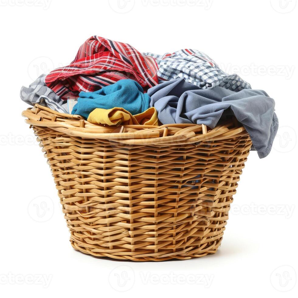 AI generated Laundry basket filled with clothes and fabric isolated on a white background, Ai Generated. photo