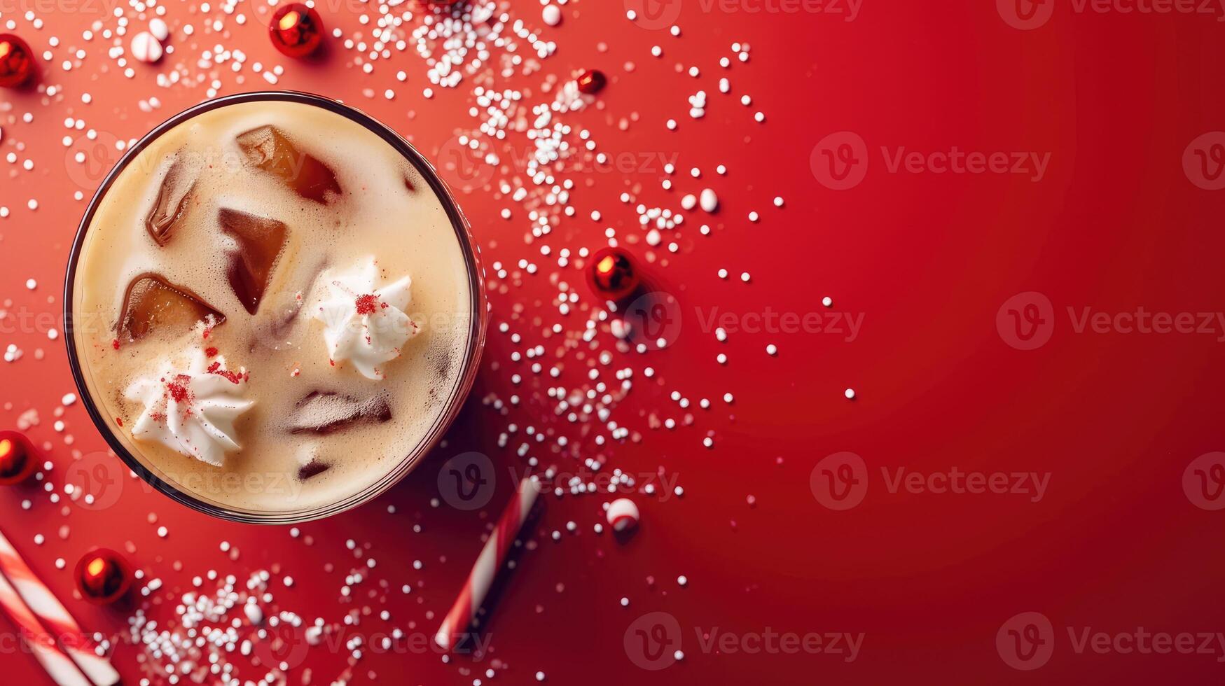 AI generated Festive Iced Peppermint Cold Brew accompanied by Milk, set against a Red Backdrop, with room for copy, Ai Generated. photo