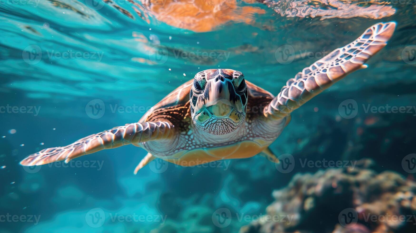 ai generado un verde mar Tortuga nada en el azul océano, ai generado foto