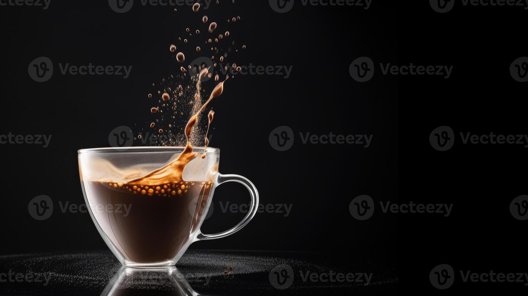 AI generated A cup of coffee is being poured into a saucer on a black background, Ai Generated photo