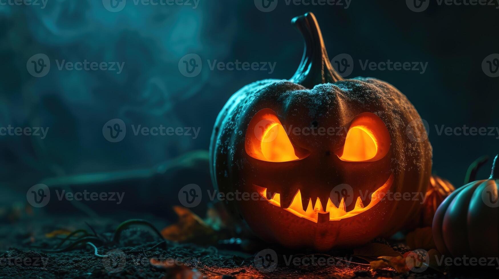 ai generado Víspera de Todos los Santos calabaza con un de miedo cara en un oscuro fondo, escalofriante seducir, ai generado. foto