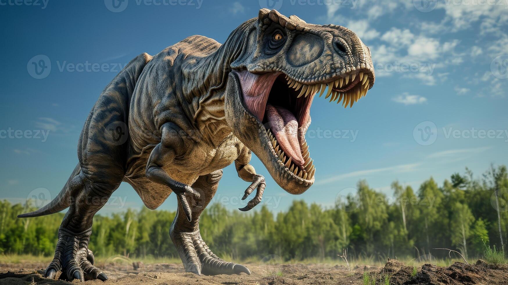 AI generated Angry Tyrannosaurus rex roars in prehistoric plains, its mighty presence dominating the landscape, Ai Generated. photo