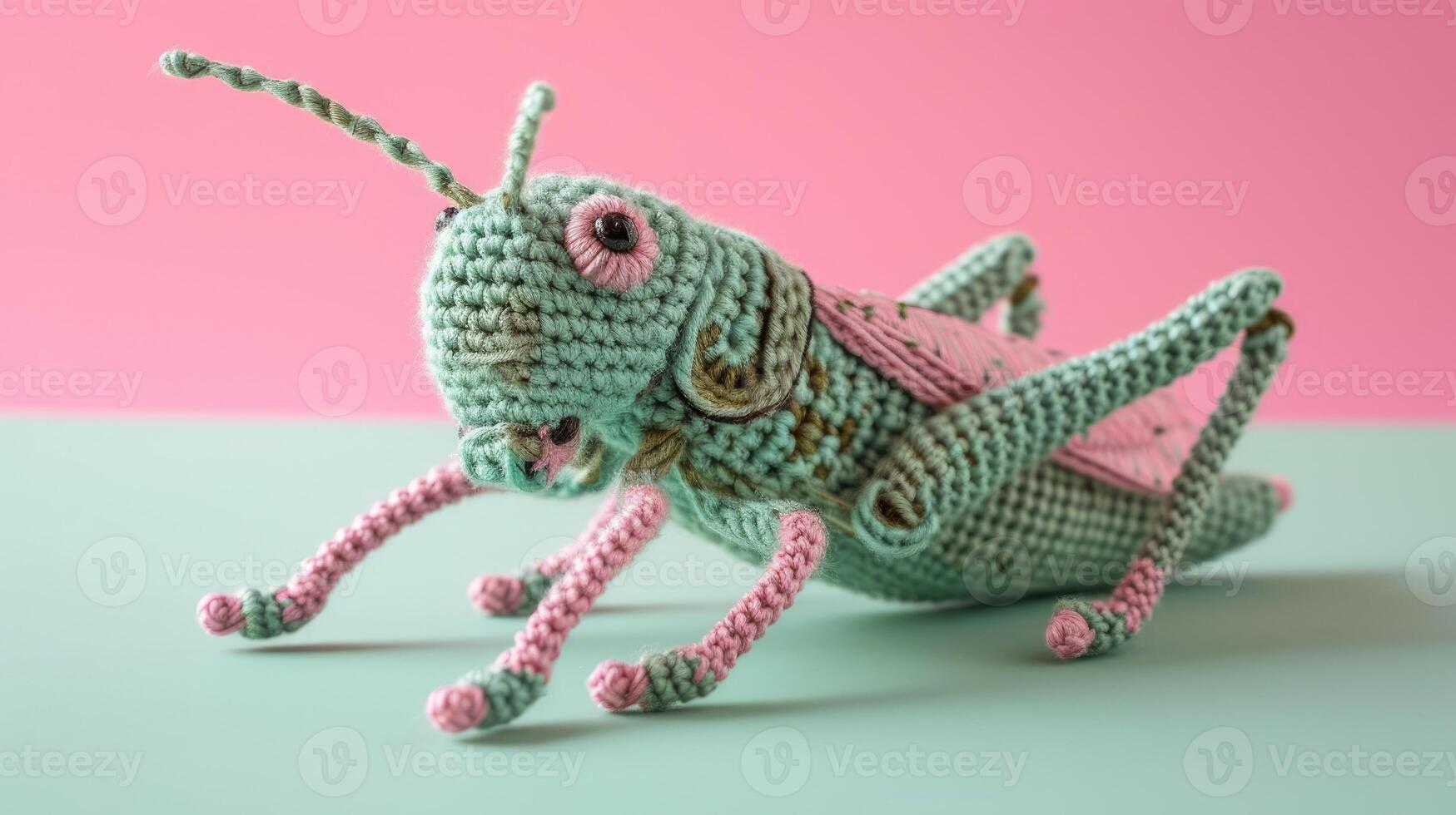 AI generated Crocheted grasshopper toy vibrant backdrop, handcrafted and adorable, Ai Generated photo