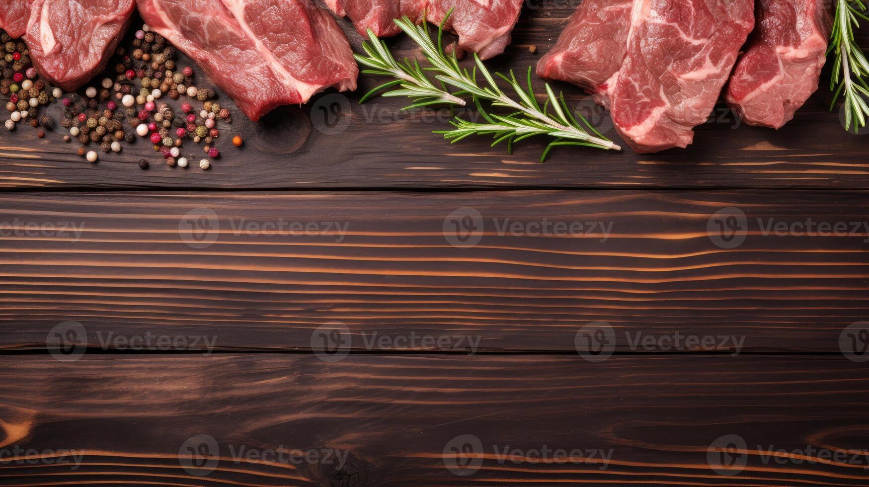 AI generated Tasty fried beef with rosemary served on a wooden table, viewed from above. Banner layout with room for text, Ai Generated. photo