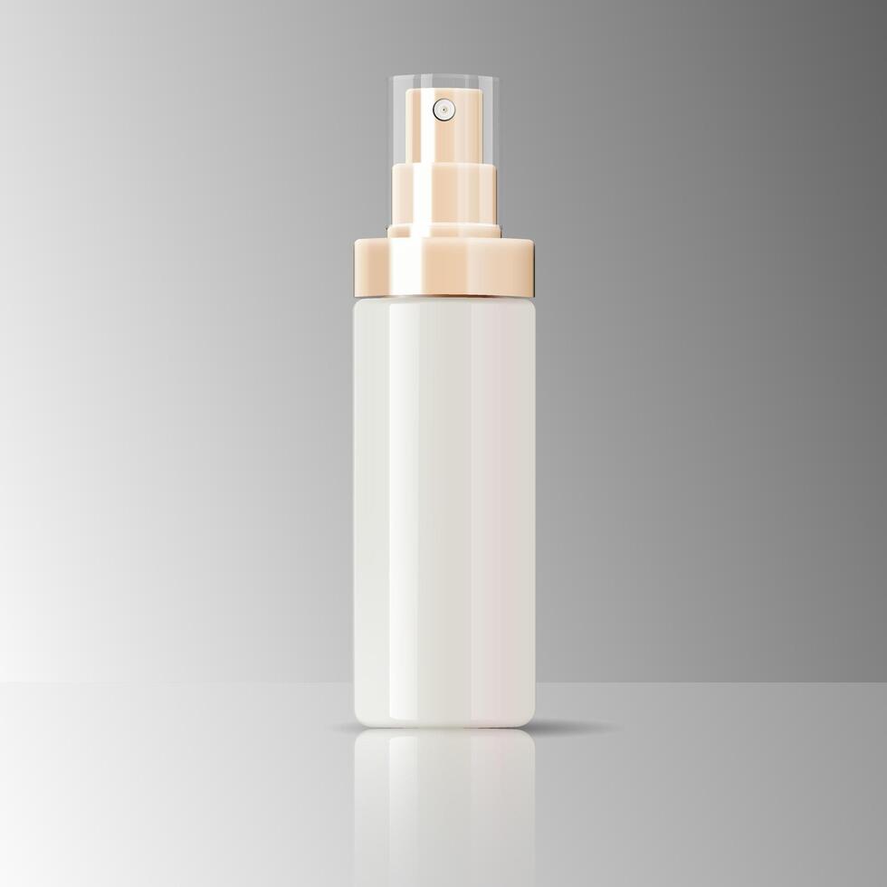 Cosmetics bottle can sprayer container in realistic glossy glass or plastic material. Atomizer dispenser spray mockup template for cream, emulsion, and other cosmetics or medical products. Vector