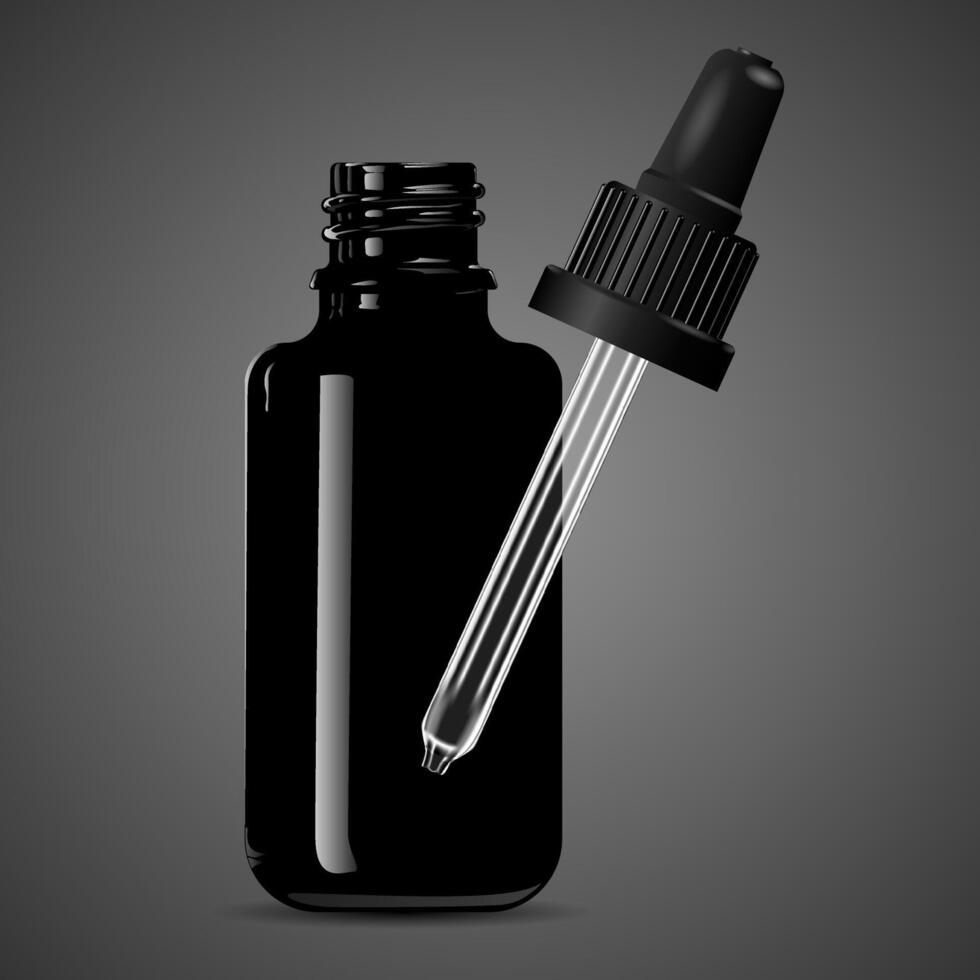 Dropper bottle for medical products, vape e liquid, oil, serum and essence. Black glass cosmetic bottle mockup. High quality eps10 vector illustration.