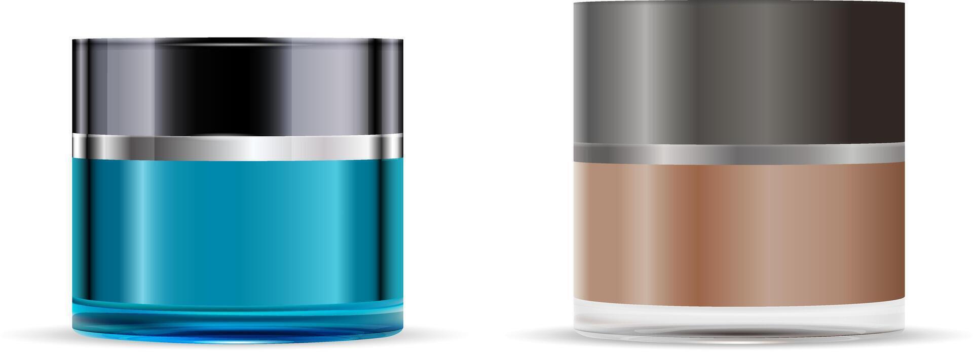 Round blue and brown glass jars set with grey matt and glossy lids - body cream, gel, butter, bath salt, skin care, powder. Realistic packaging mockup template. Vector illustration.