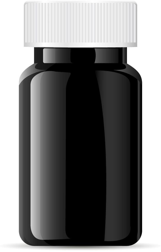 Pills bottle. Black medical glass or glossy plastic container for drugs, diet, nutritional supplements. Vector illustration isolated on white background.