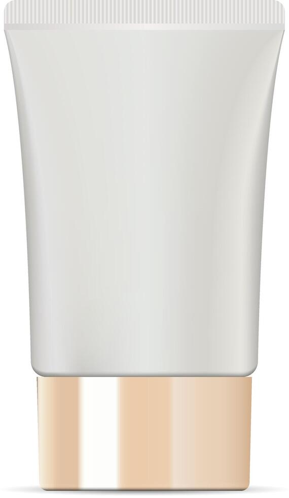 Wide cosmetic cream tube with glossy golden lid. High quality mockup package. Cosmetic jar for cream, ointment, toothpaste, base, foundation. Vector illustration.