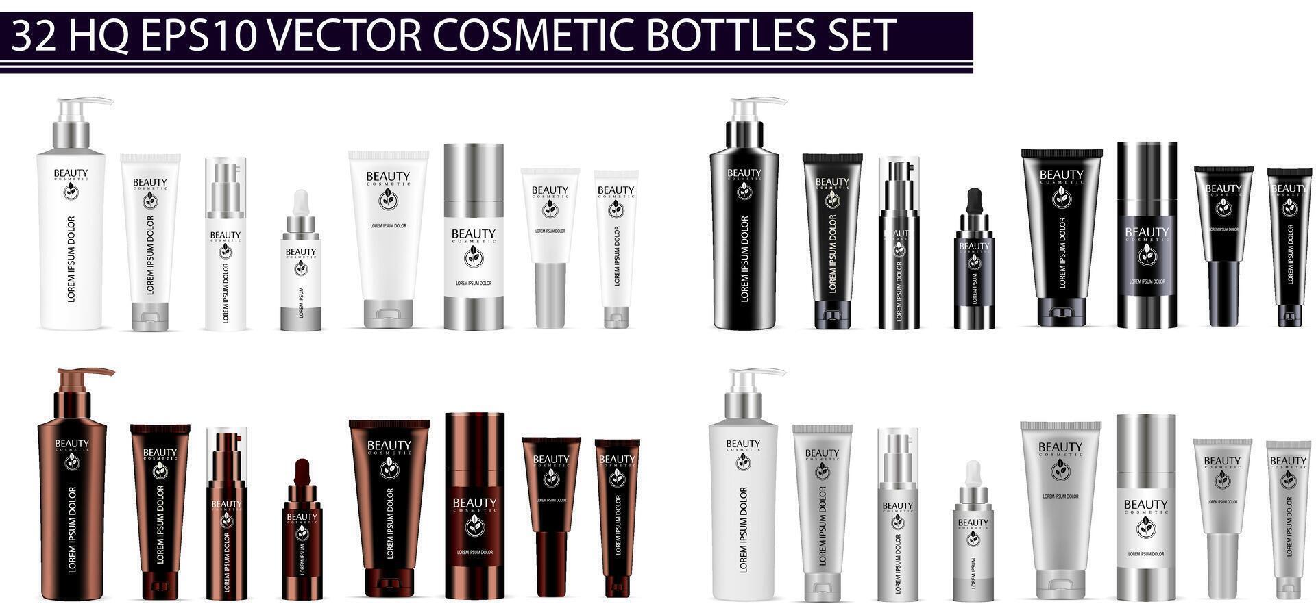 Luxury color 32 pcs. cosmetics bottle set dispenser, dropper, cream tubes, deodorant. Vector cosmetic mockup package design. Sample label and logo included.