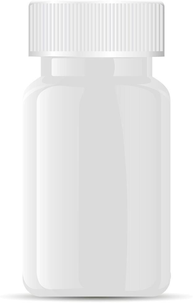 Pills bottle. White medical glass or glossy plastic container for drugs, diet, nutritional supplements. Vector illustration isolated on white background.