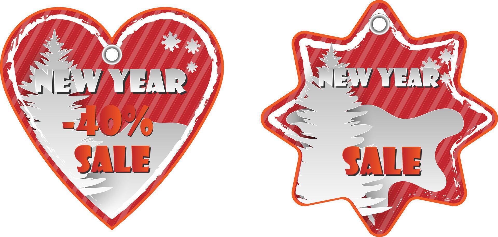Heart and star shape Red New Year, christmas sale paper tags set with paper cut elements with discount text for christmas holiday shopping promotion. Vector illustration.