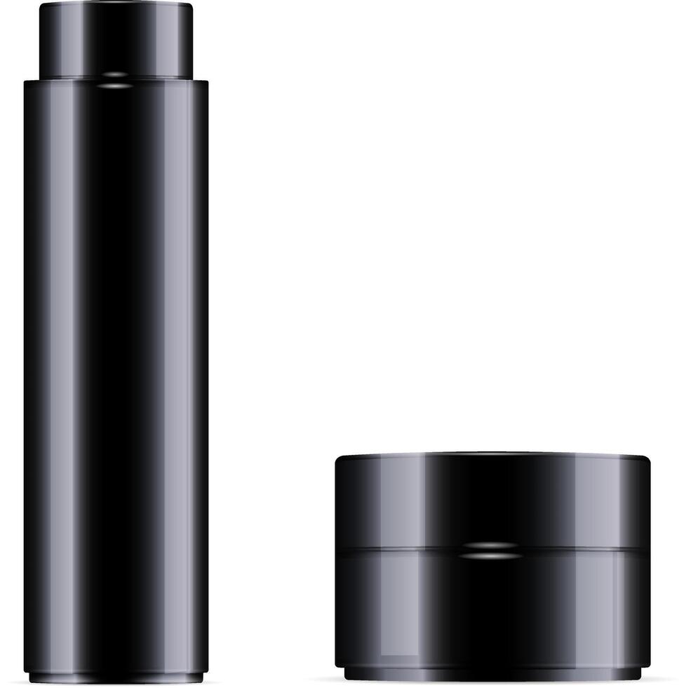 Black cosmetic bottle for facial toner, hair shampoo or shower gel and cream jar set. Vector design template. Cosmetics packaging mockup. Realistic 3d illustration.
