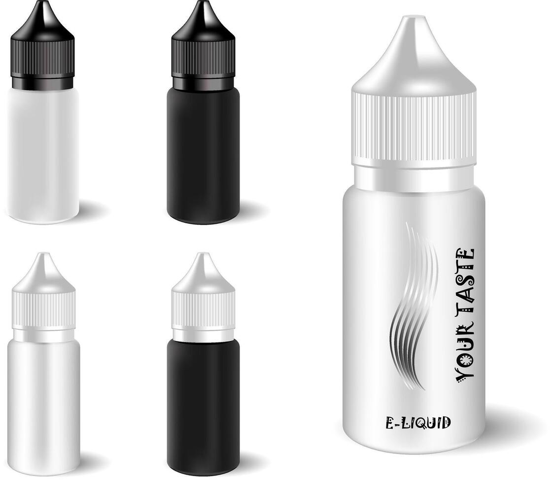 Vape e liquid juice bottles set with label and simple style logo. Vape jars in black and white color of caps and bodys. High quality EPS10 illustration design. vector