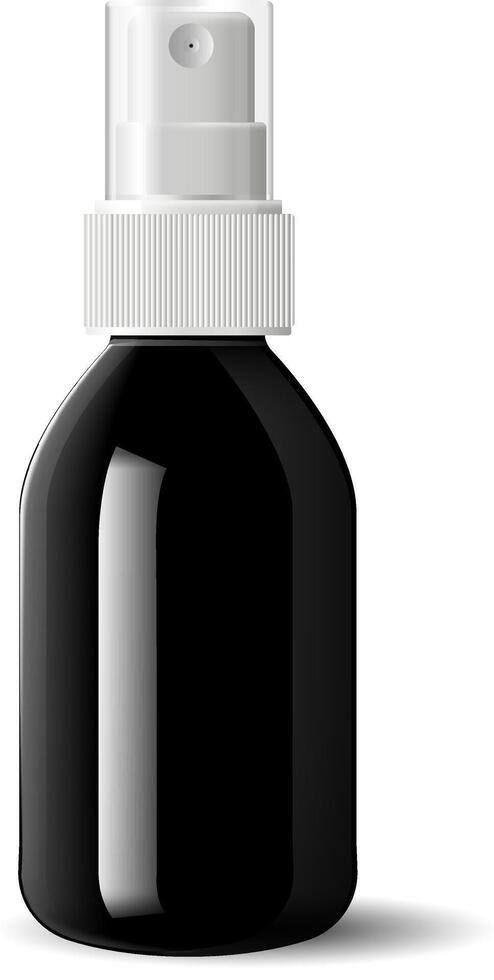 Realistic black glossy glass or plastic Cosmetic bottle can sprayer container. Dispenser cockup template for cream, soups, and other cosmetics or medical products. Vector illustration.