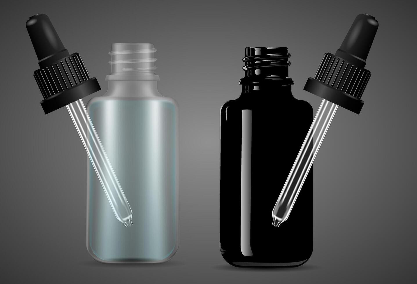 Open Dropper bottles set with pipette for medical products, vape e liquid, oil, serum and essence. Black and transparent glass cosmetic bottles mockup. Eps10 vector illustration.