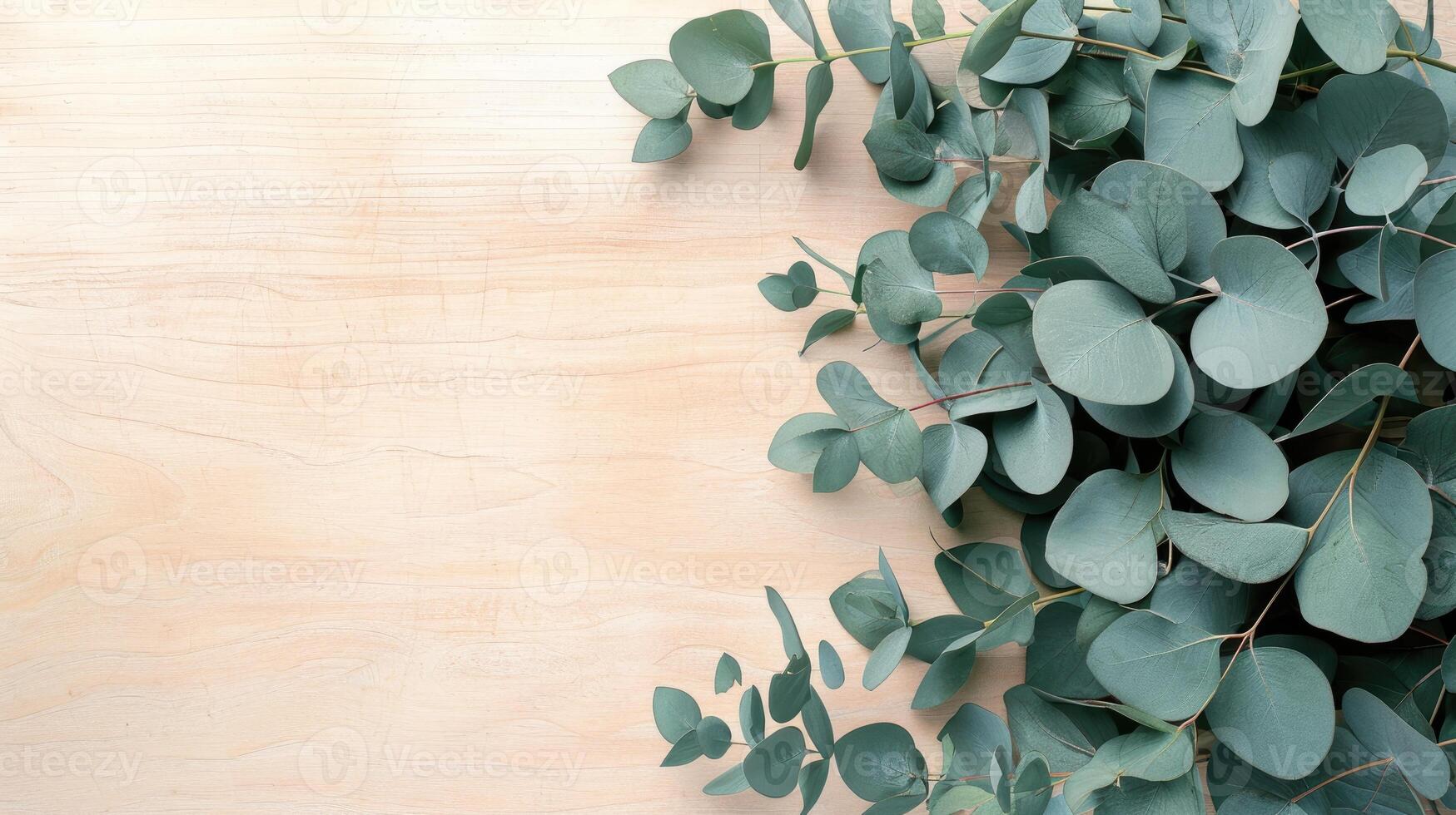 AI generated Overhead layout featuring fresh eucalyptus leaves with room for creative design, set on a wooden backdrop, Ai Generated. photo