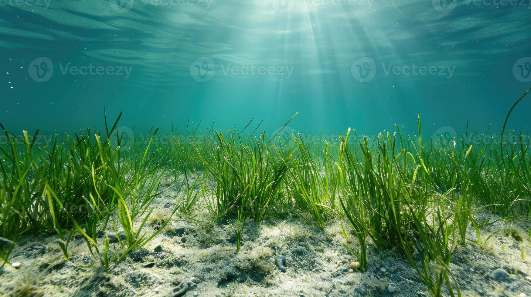 AI generated An underwater view reveals a seabed group flourishing with green seagrass, Ai Generated. photo