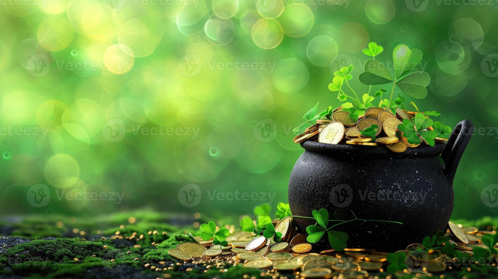 AI generated St. Patrick's Day theme with black pot, gold coins, and shamrocks, Ai Generated photo