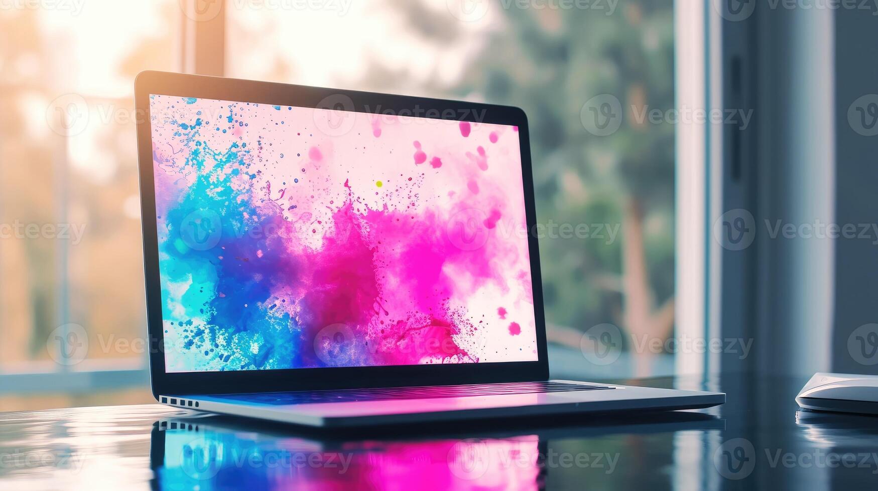 AI generated A laptop with splashes mockup, a dynamic representation of a computer in an office setting, Ai Generated photo