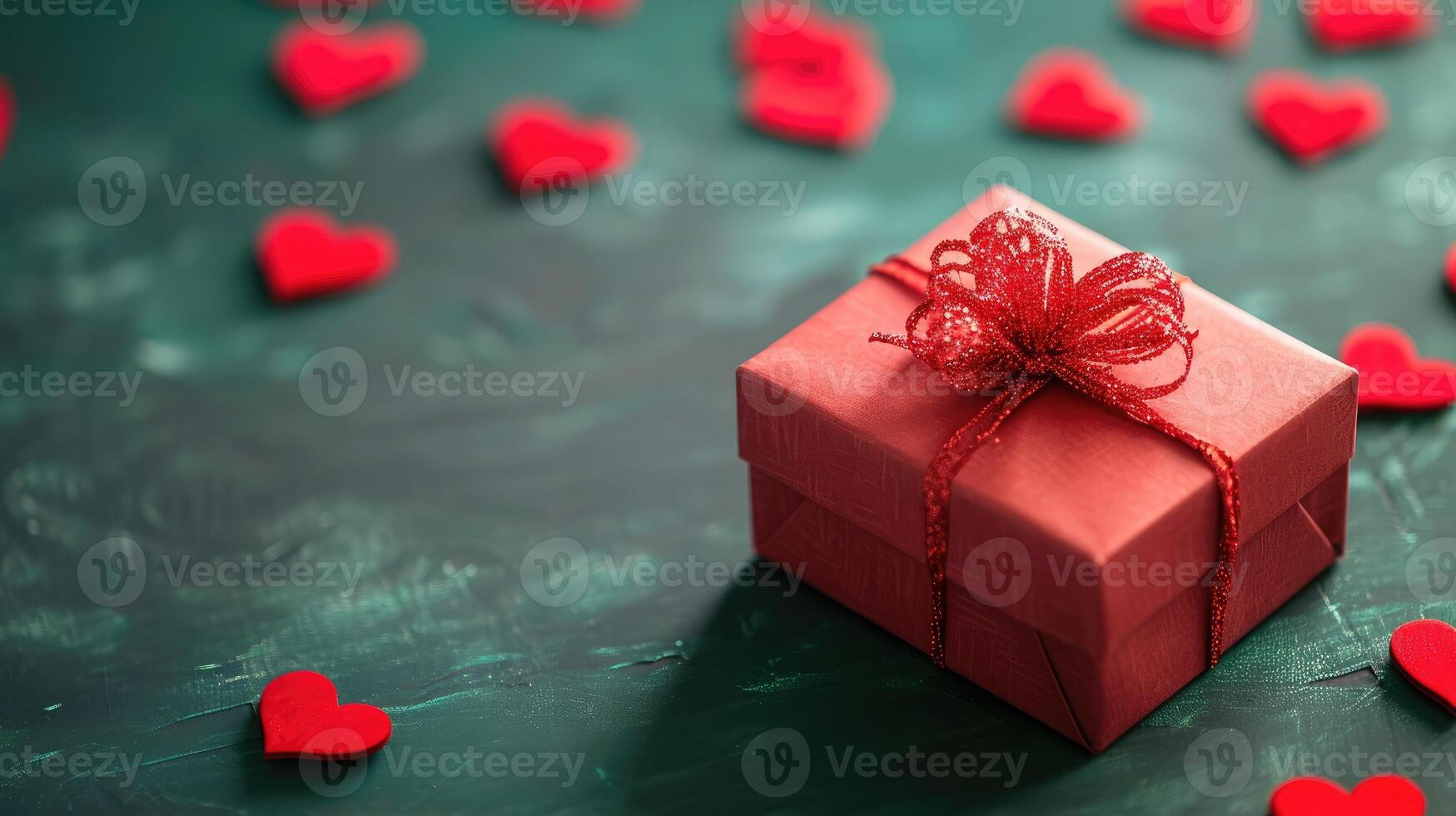 AI generated Red gift box paired with festive red hearts against a green backdrop, Ai Generated photo