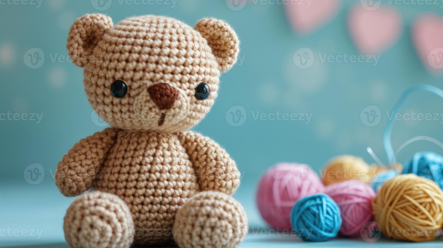 AI generated Crocheted bear toy vibrant backdrop, handcrafted and adorable, Ai Generated photo