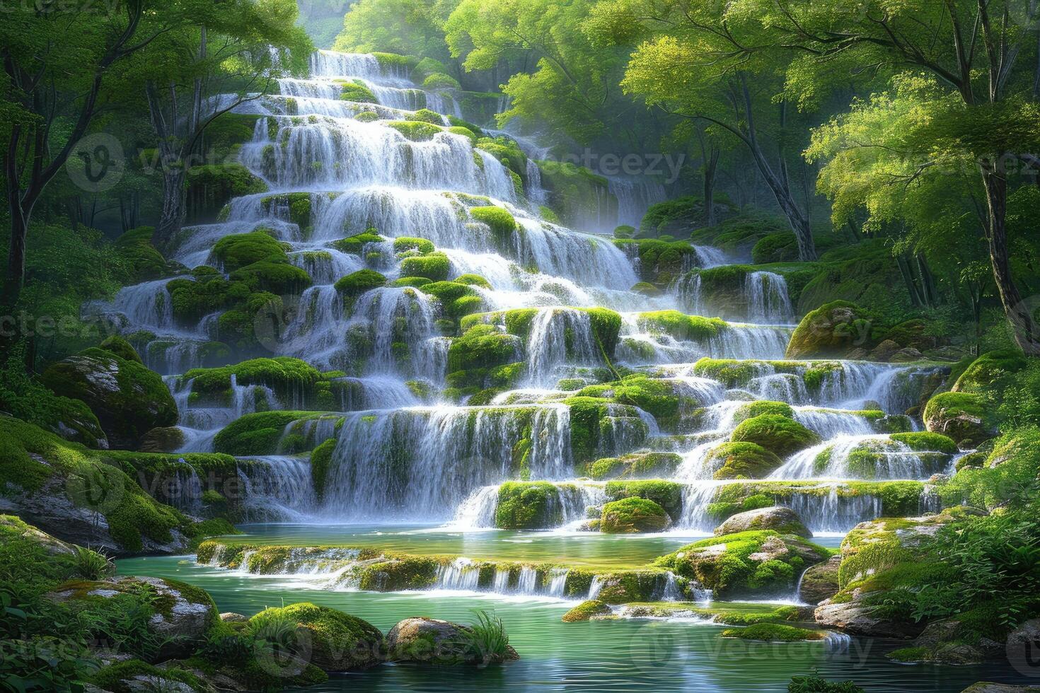 AI generated Marvel at the majesty of a waterfall cascading over lush, moss-covered rocks, a nature's masterpiece. Ai Generated. photo