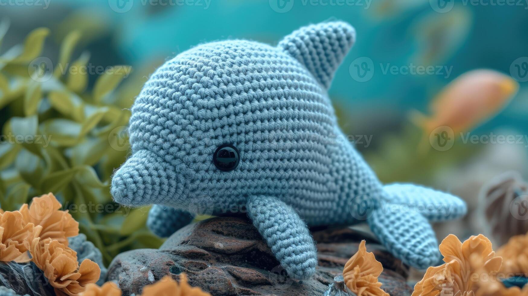 AI generated Crocheted dolphin toy vibrant backdrop, handcrafted and adorable, Ai Generated photo