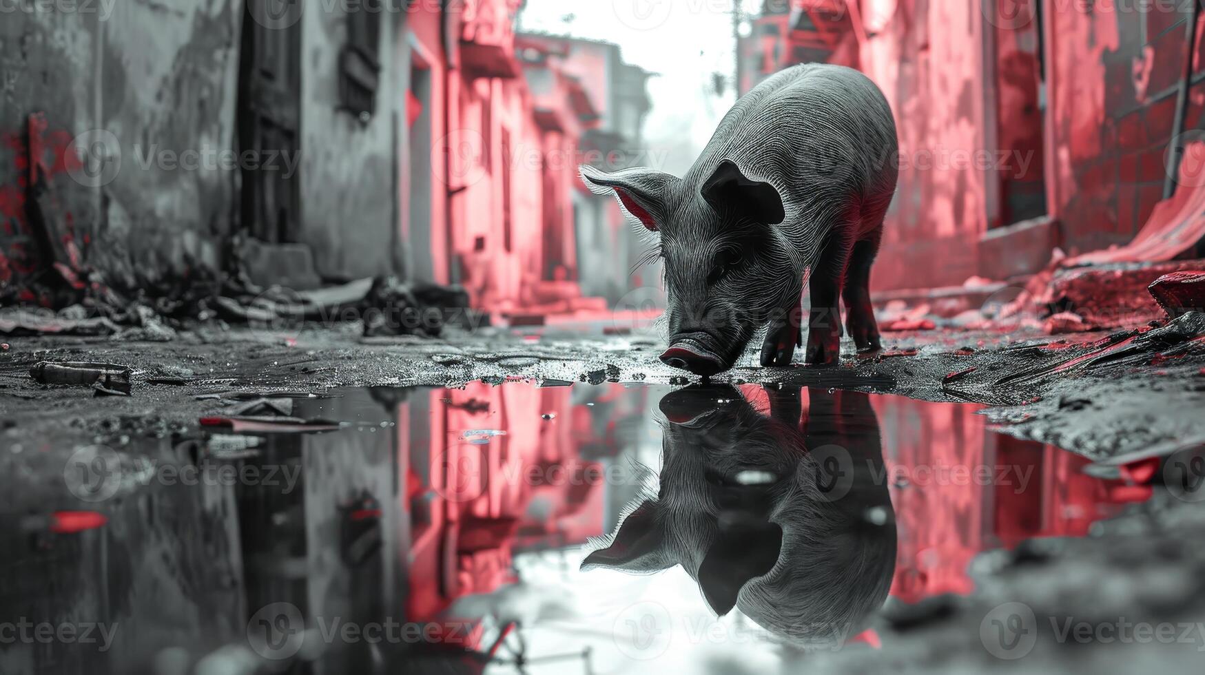 AI generated Cinematic photo captures a pig gazing into a puddle, its reflection replaced by another pig, Ai Generated.