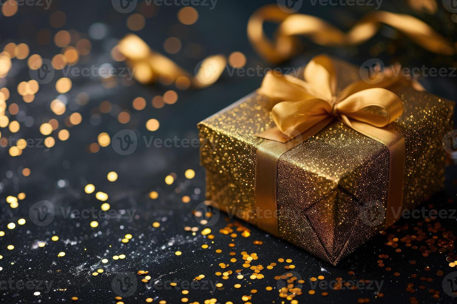 AI generated Golden gift box with a shimmering ribbon, set amidst confetti on a dark background, Ai Generated. photo