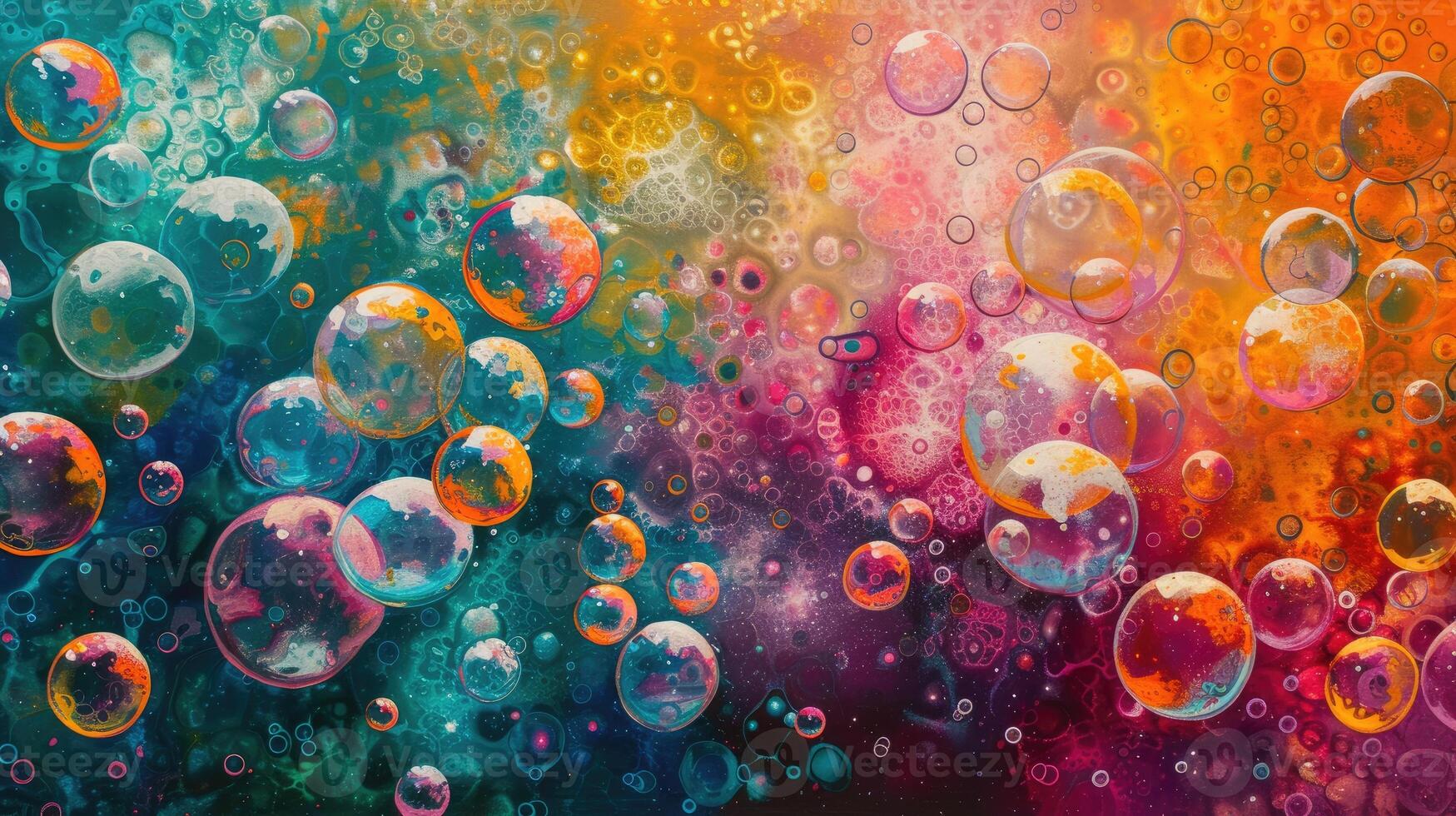 AI generated Vibrant abstract art adorned with numerous bubbles, a kaleidoscope of colors and textures, Ai Generated. photo