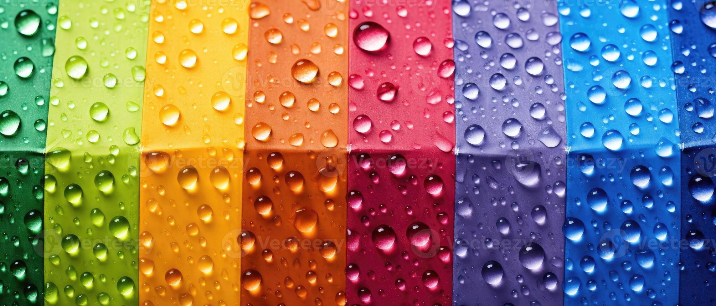 AI generated Closeup of a colorful rainbow umbrella adorned with many raindrops and waterdrops, Ai Generated. photo