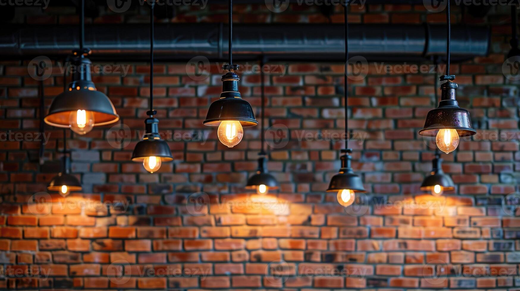 AI generated Multiple pendant lamps set against a rustic red brick wall for a chic look, Ai Generated photo