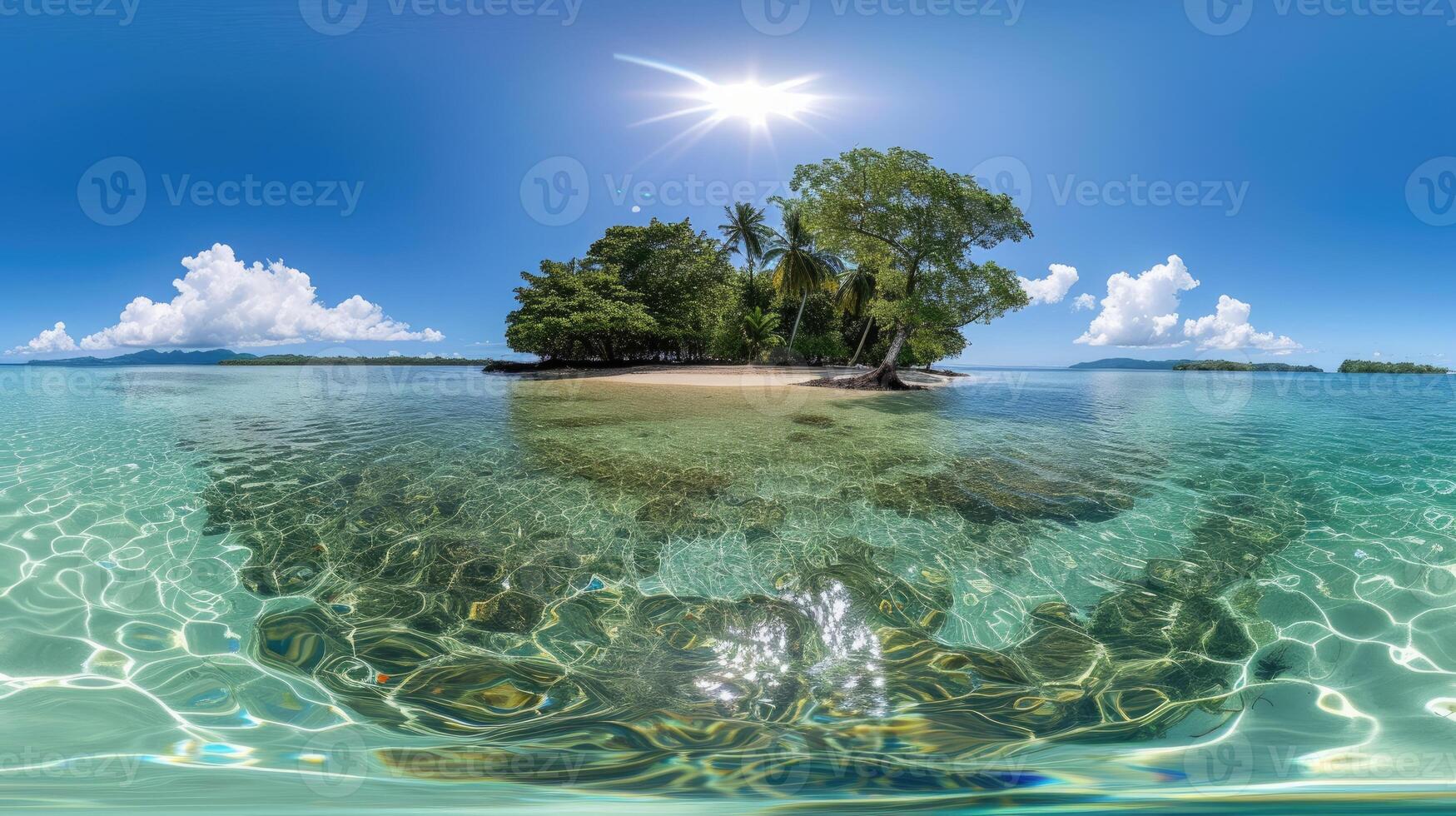 AI generated Escape to a stunning tropical island through a 360 spherical panorama, surrounded by clear waters and vibrant trees. Ai Generated. photo