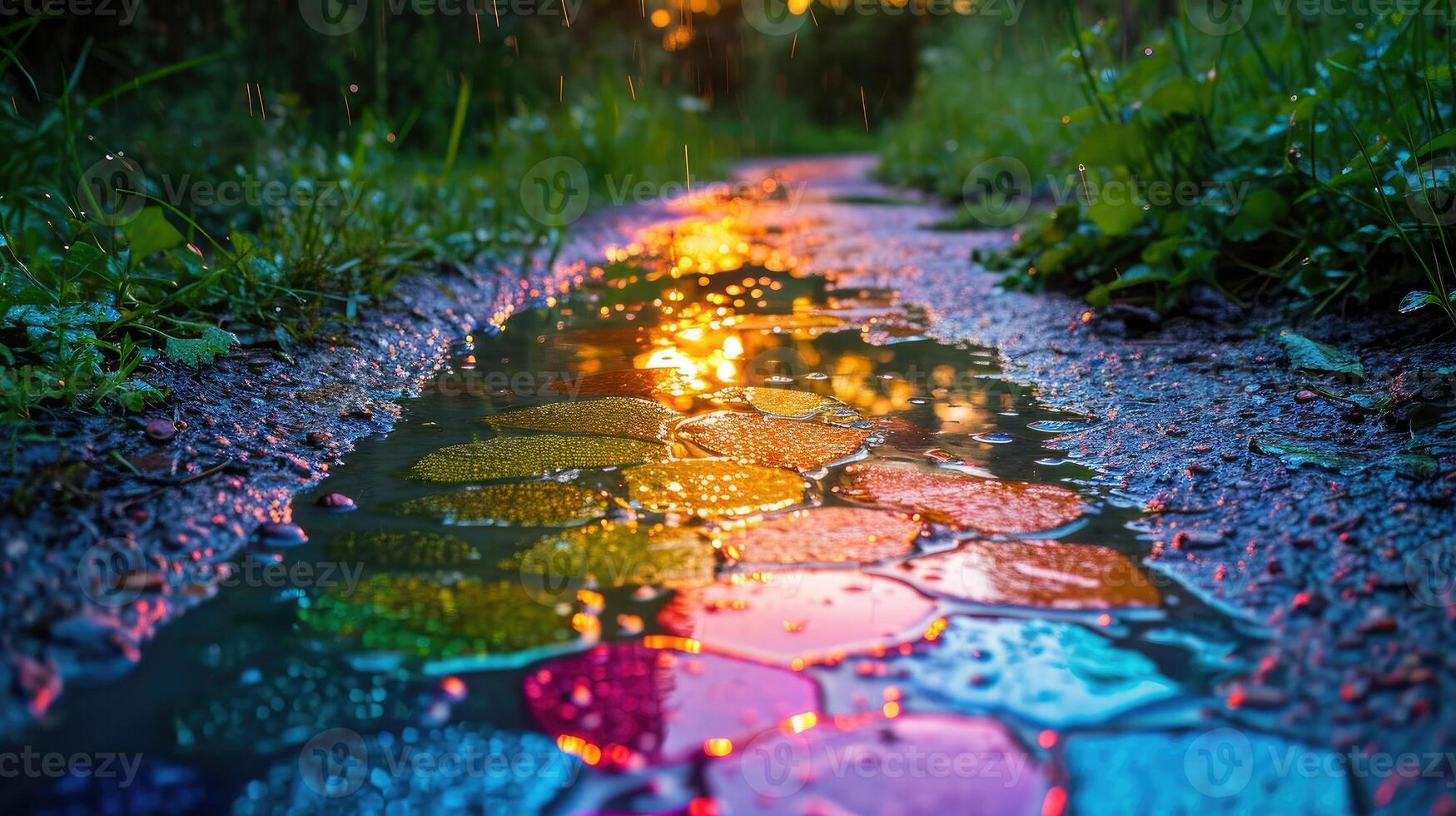 AI generated Experience the enchantment of a rain shower as it transforms a meadow's gravel path with vivid colors, Ai Generated. photo