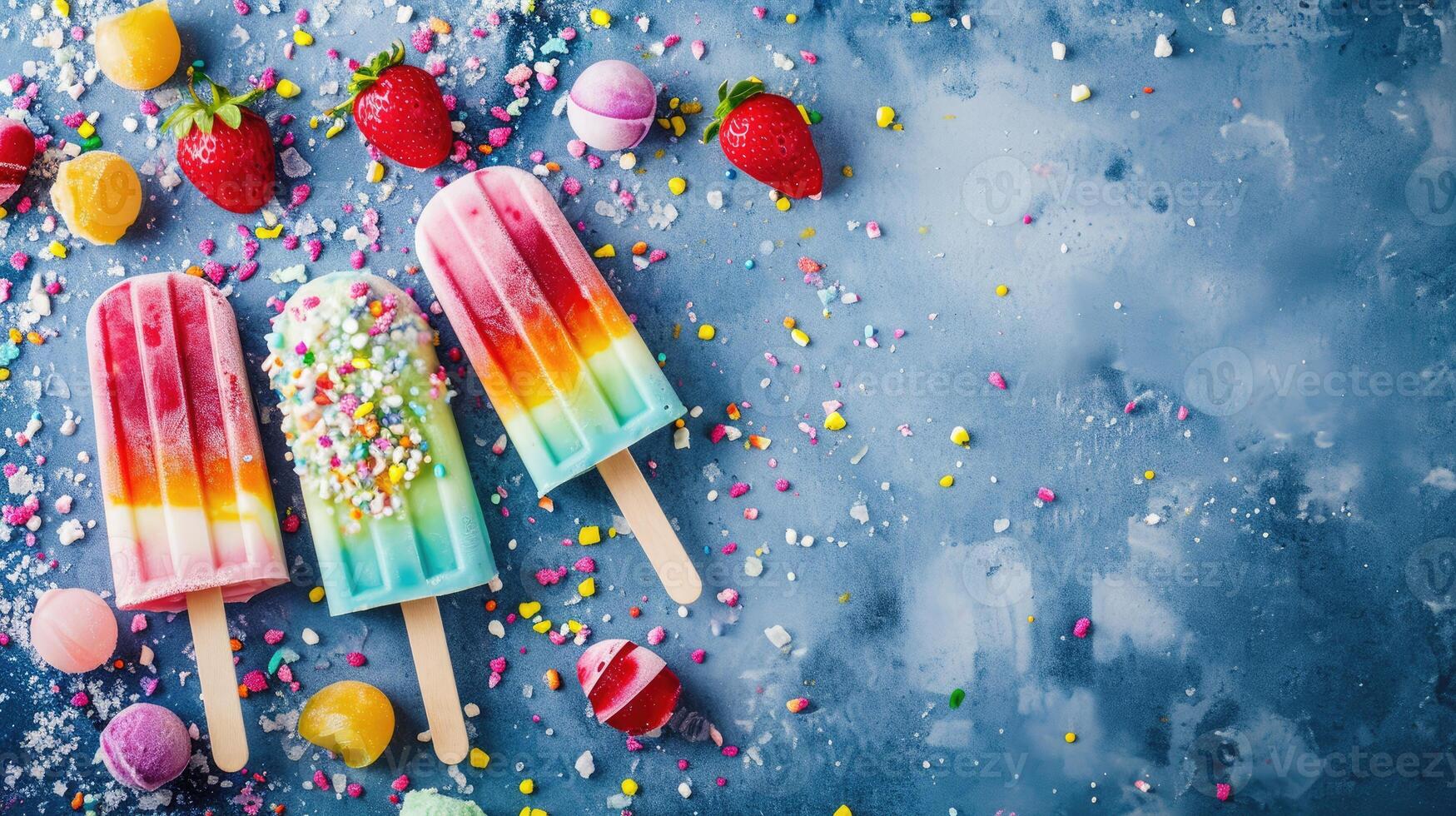 AI generated Celebrating National Ice Cream Day with delicious, sweet frozen popsicles, Ai Generated. photo