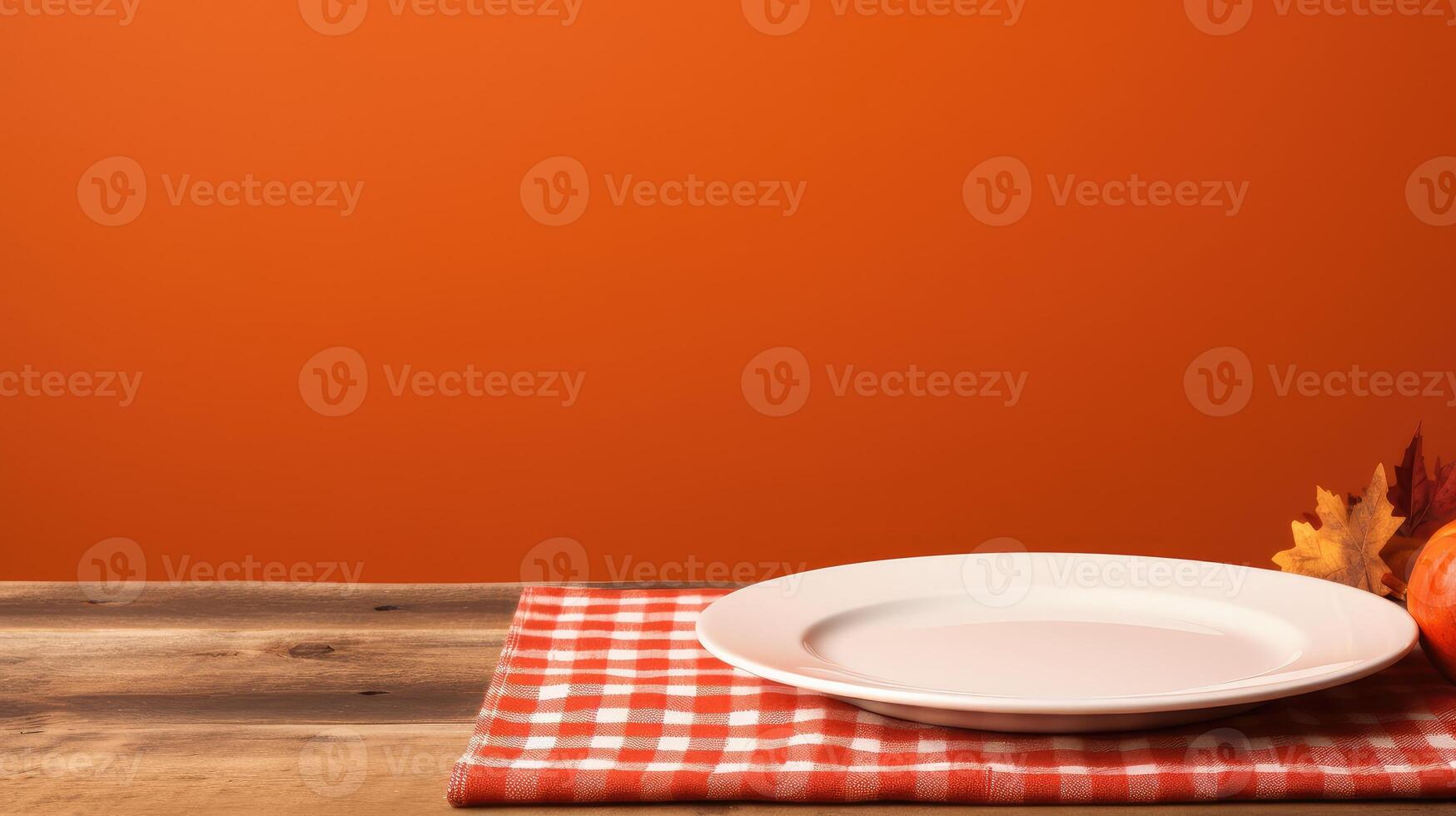 AI generated Simple elegance a white plate on a wooden table, with warmth from the orange wall, Ai Generated. photo