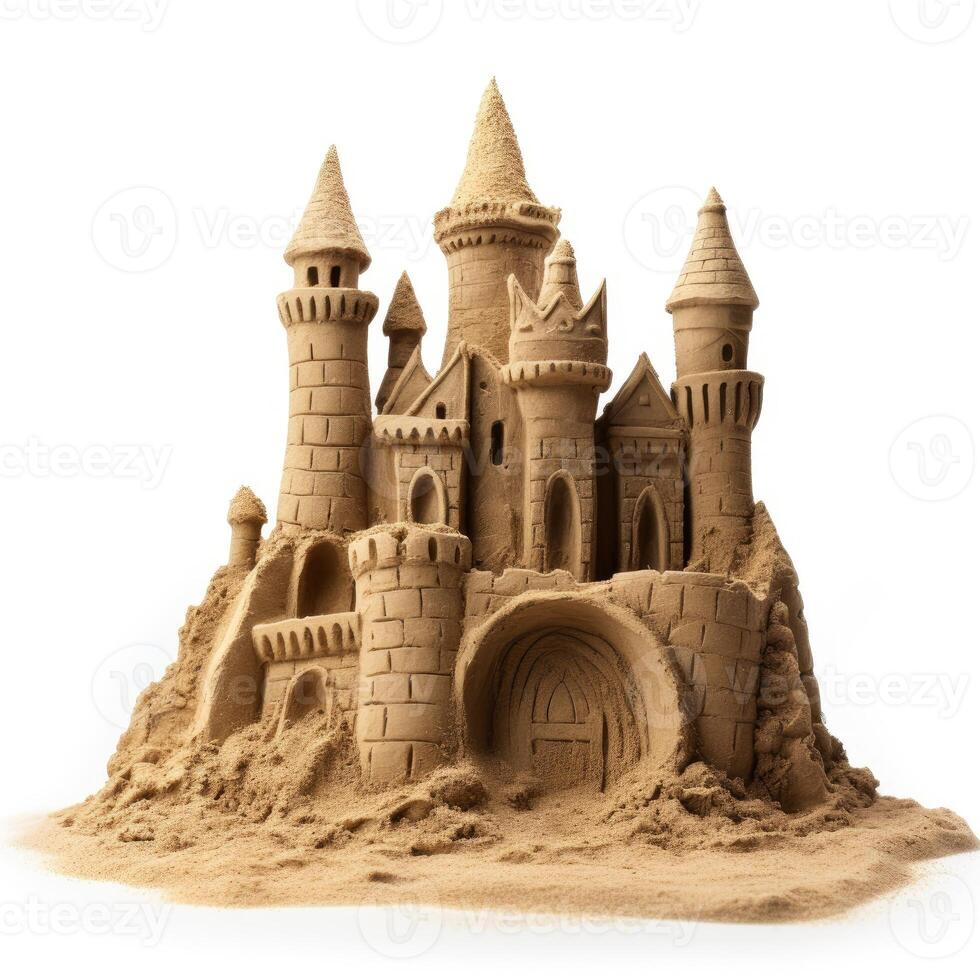 AI generated Intricate beach sand castle isolated on white background, perfect for summer themes, Ai Generated. photo