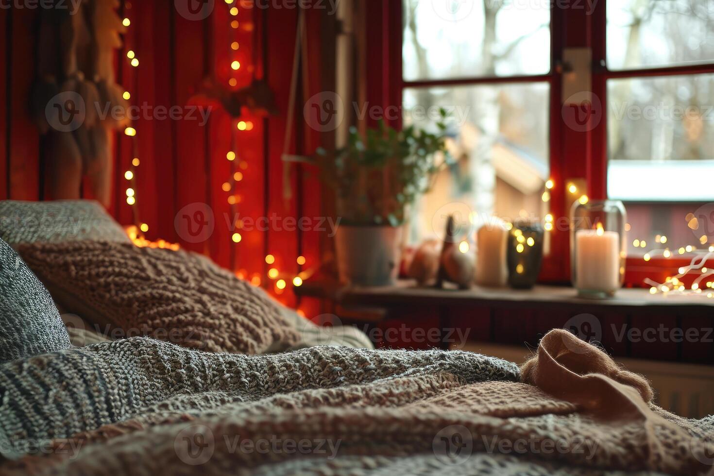 AI generated A charming photo of the interior of a cozy red Swedish wooden house, warm and inviting. Ai Generated