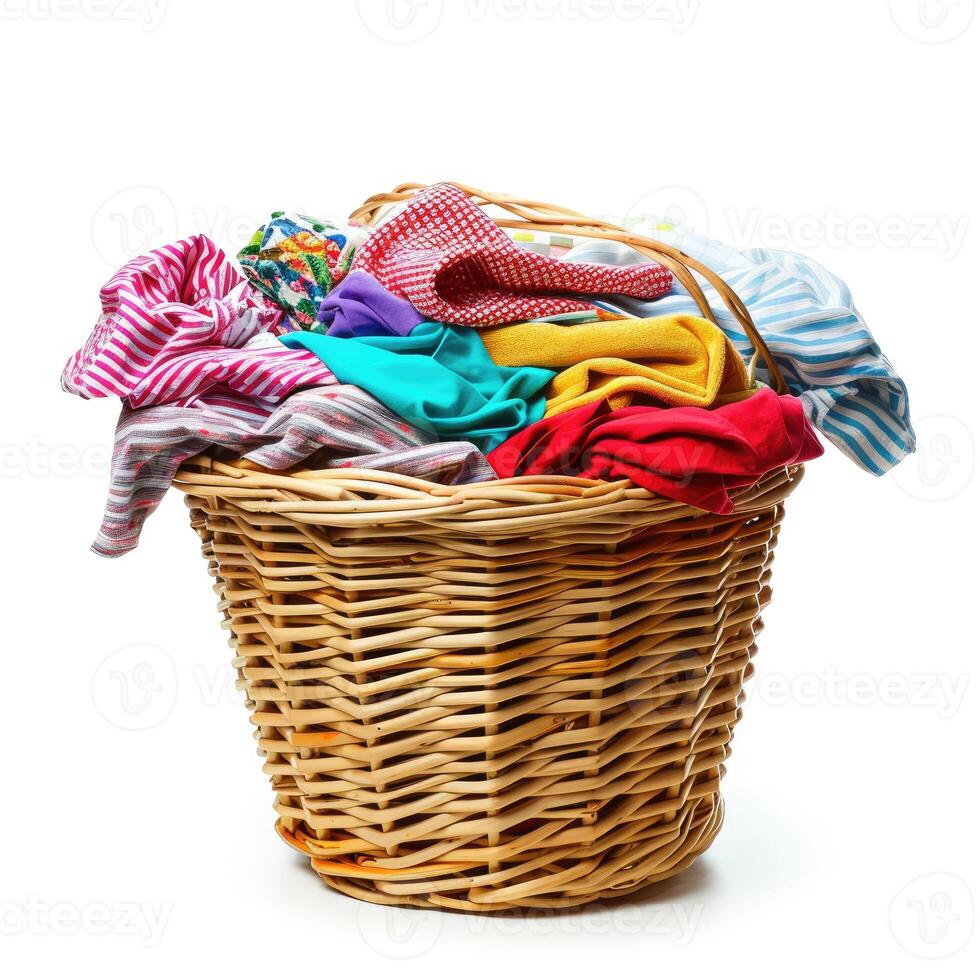 AI generated Laundry basket filled with clothes and fabric isolated on a white background, Ai Generated. photo