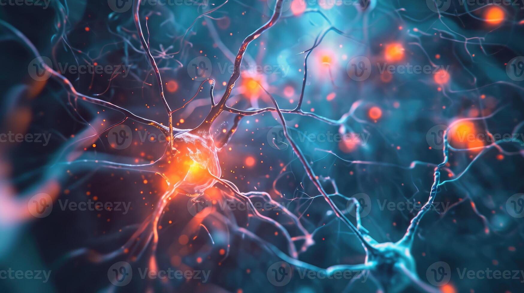 AI generated Energetic Neurons, Neuronal Network Exhibiting Neuron Cell Electrical Activities. Studies in Neuroscience, Neurology, and Cerebral Activity, AI Generated photo