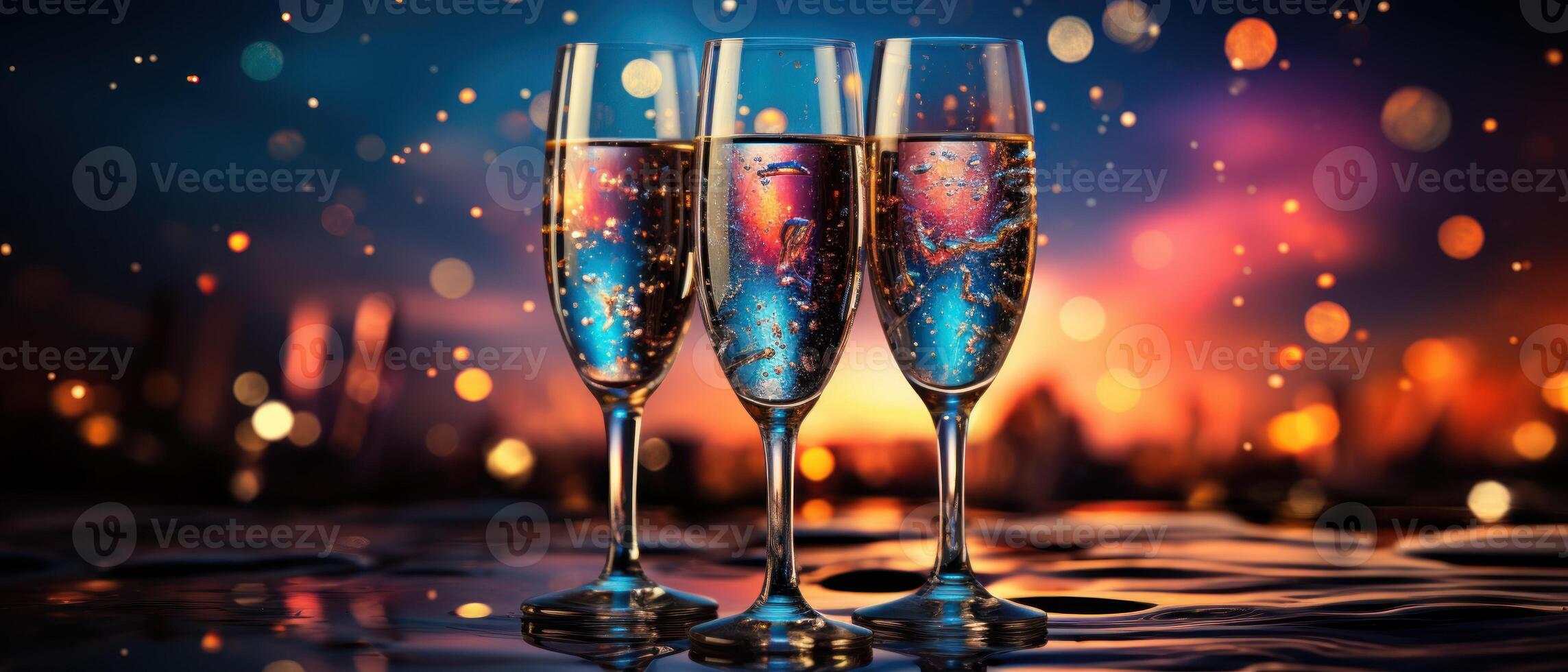 AI generated Champagne glasses clink against a backdrop of vibrant fireworks, sparking joy, Ai Generated. photo