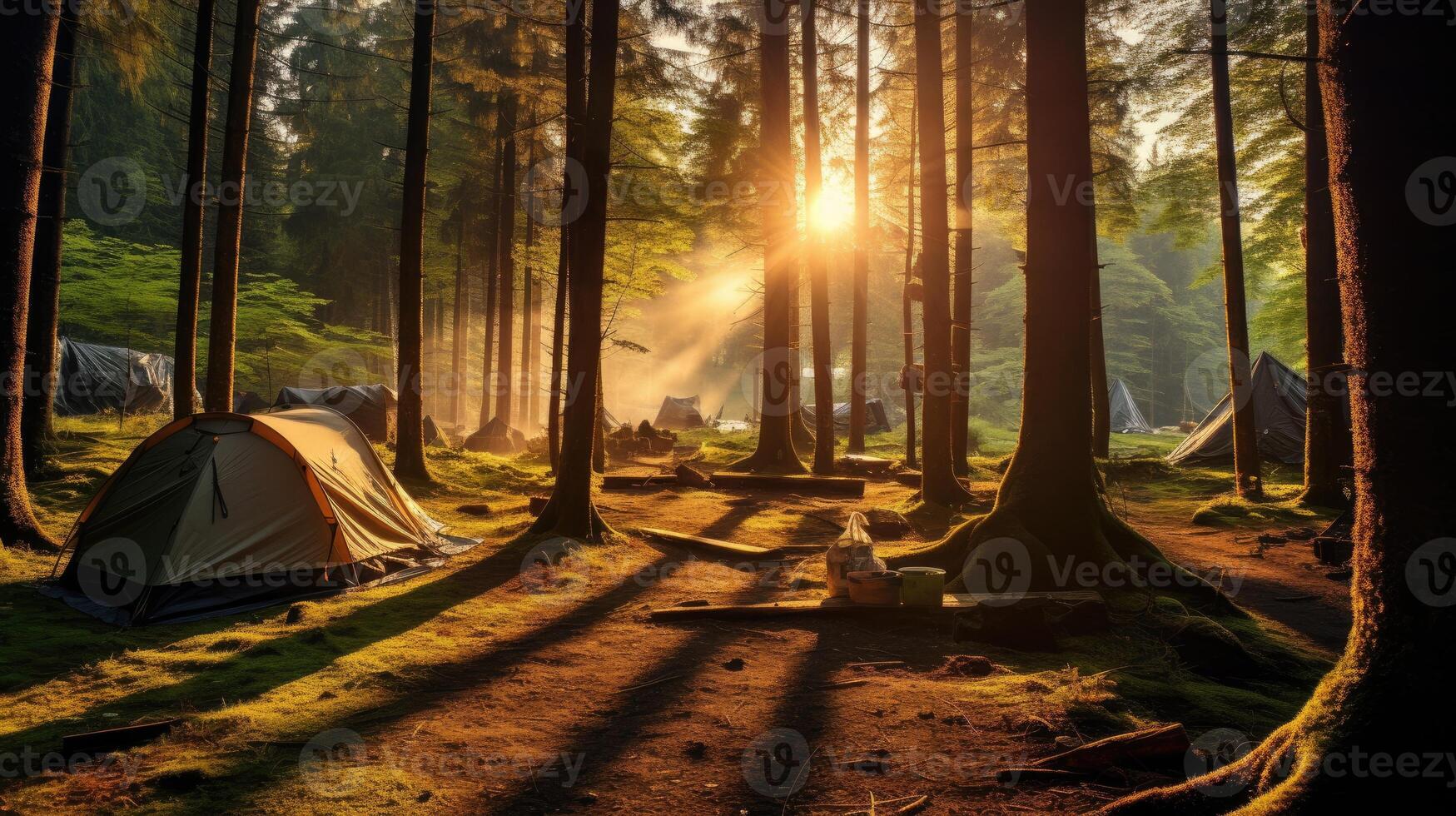 AI generated Camping in the wild forest in spring brings nature's awakening to life, offering a rejuvenating escape. Ai Generated. photo