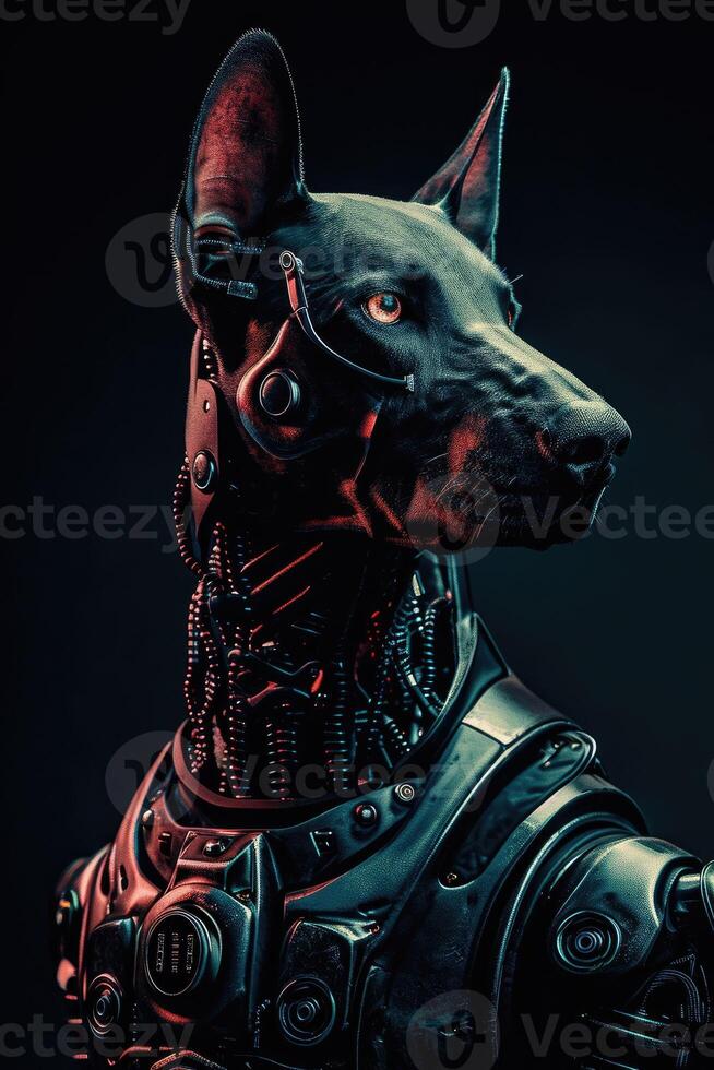 ai generado en el oscuridad, un cyborg perro emerge, un fusión de máquina y canino, ai generado foto