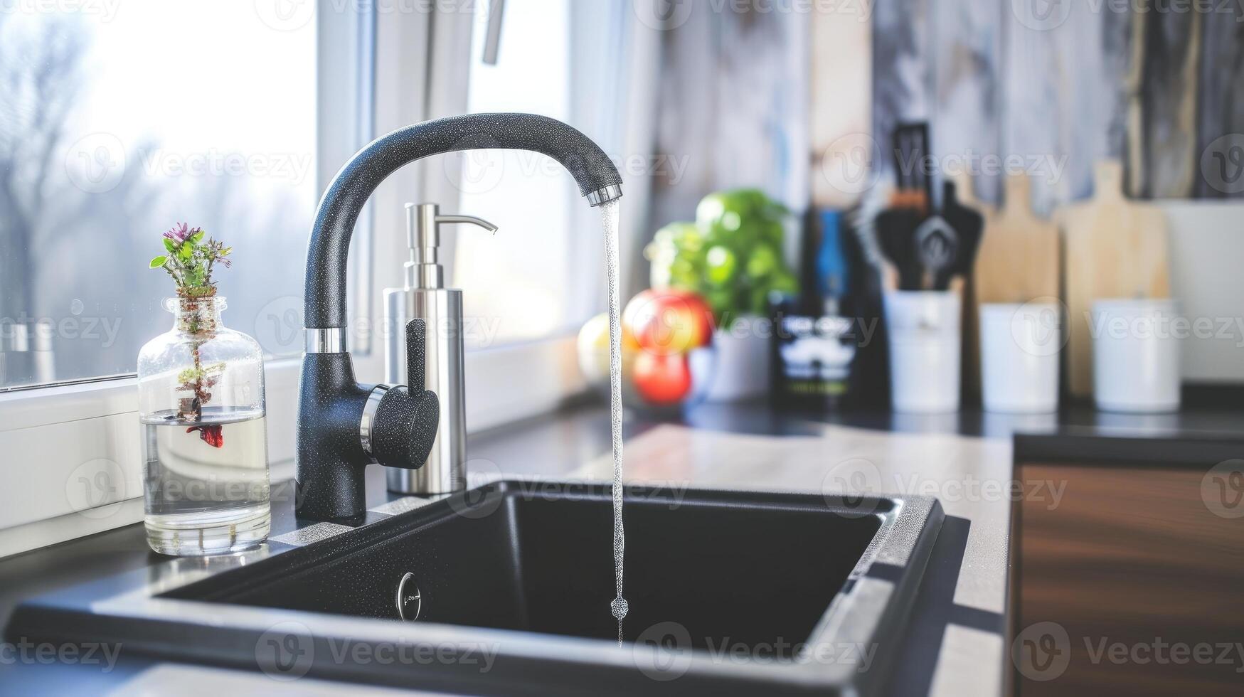 AI generated A stylish and functional modern kitchen sink, complete with a running faucet. Ai Generated photo